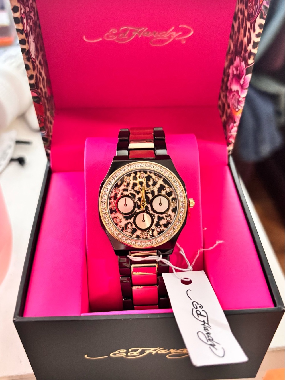 Ed Hardy Black and Gold Leopard-Print Women's Bracelet Watch